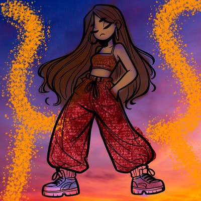 girl in baggy pants crop top and long hair
