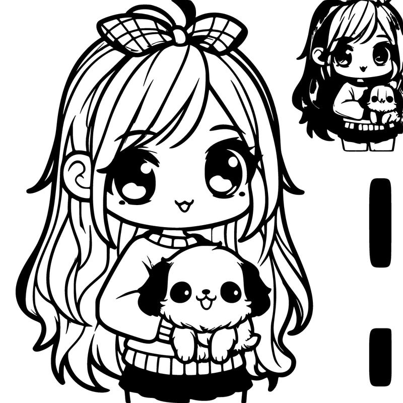 cute long hair a bit chibi girl holding a cute small puppy