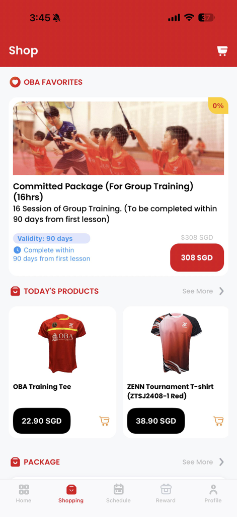 OBA Badminton App (New) - OBA Badminton App shopping screen displaying training packages and branded sports apparel