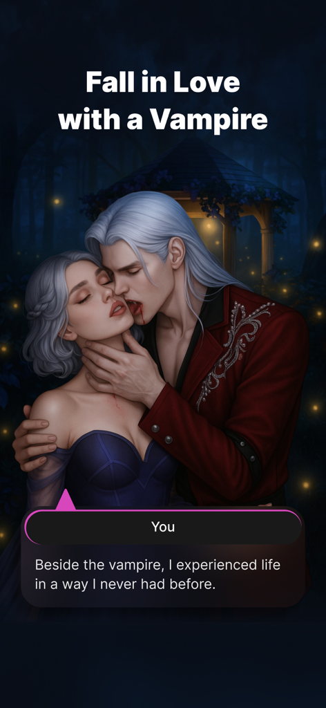Un encuentro romántico entre una mujer y un vampiro de pelo plateado en un jardín oscuro