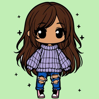 chibi girl with ripped jeans,long hair, and an oversized sweater