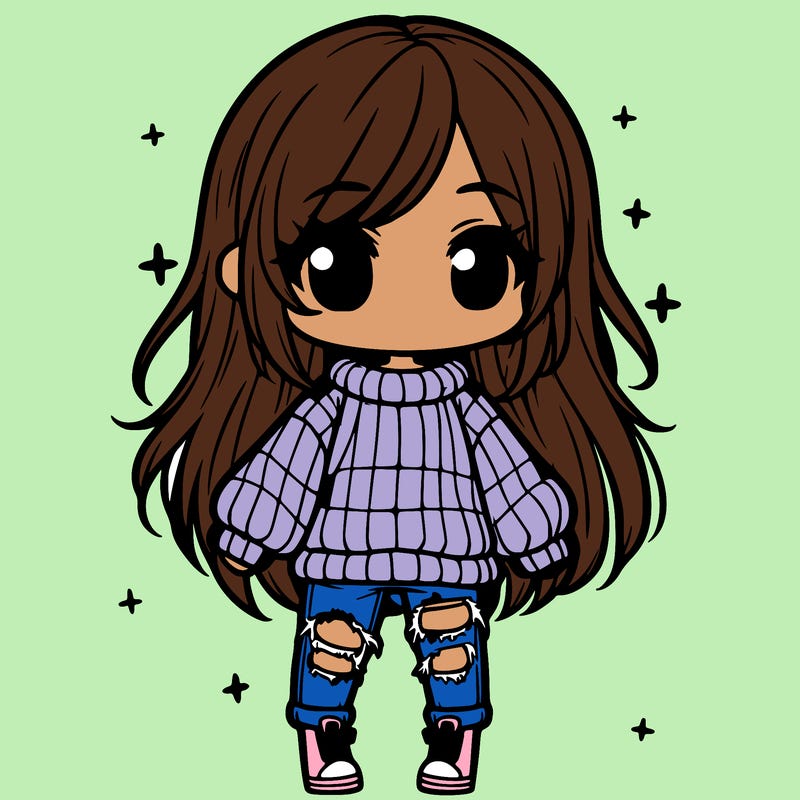 chibi girl with ripped jeans,long hair, and an oversized sweater