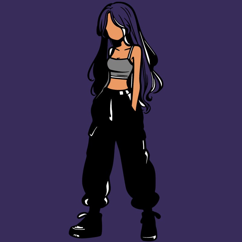 girl in baggy pants crop top and long hair