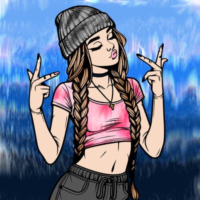 realistic teenage girl with braids and a beanie and crop top doing 🫶🏼