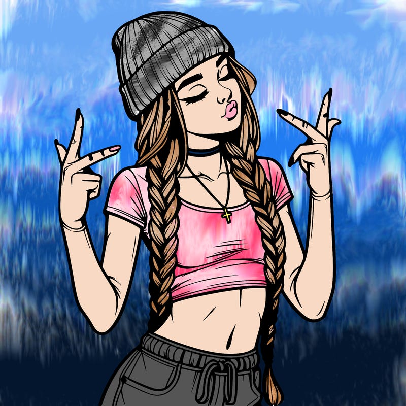 realistic teenage girl with braids and a beanie and crop top doing 🫶🏼
