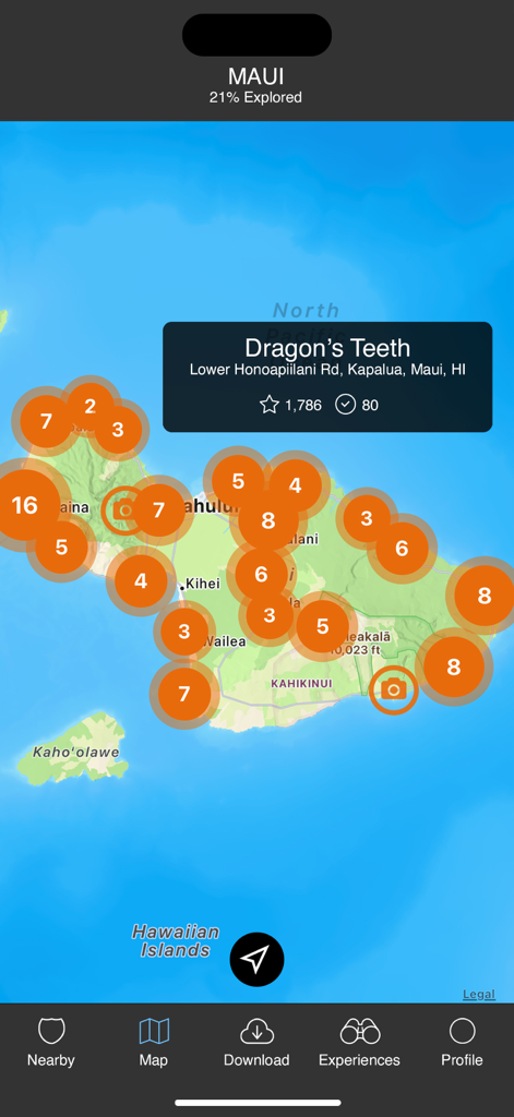 용의 이빨(Dragon's Teeth) 사진 촬영 명소 그룹과 세부 정보를 보여주는 마우이의 대화형 지도