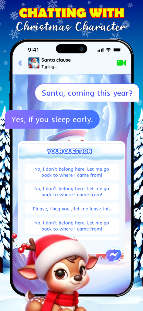 Mobile app screenshot showing a simulated chat conversation with Santa Claus and a cute cartoon reindeer