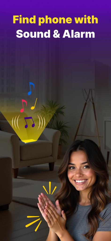 Find Phone By Clap, Flash - A woman clapping her hands to trigger a phone alarm and flashlight in a living room