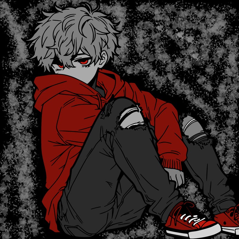 a male hoddie ripped jeans messy hair anime