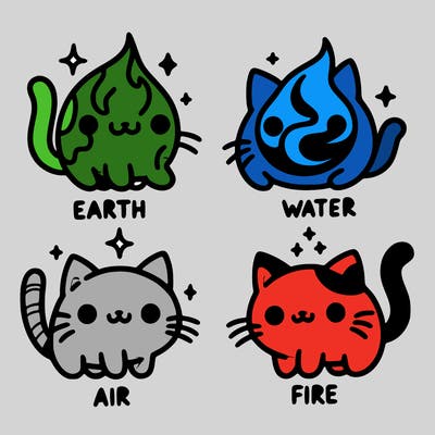 4 cats that represent the different elements, earth, water, air, and fire