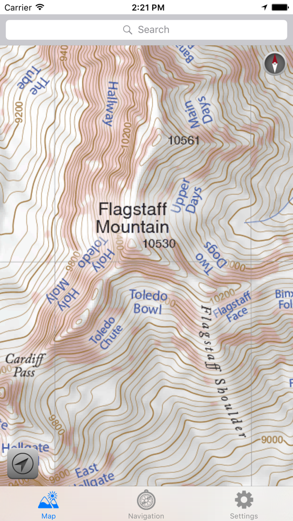Wasatch Backcountry Skiing Map - Topografische Karte des Flagstaff Mountain mit beschrifteten Orten für Skitouren im Hinterland von Utah.