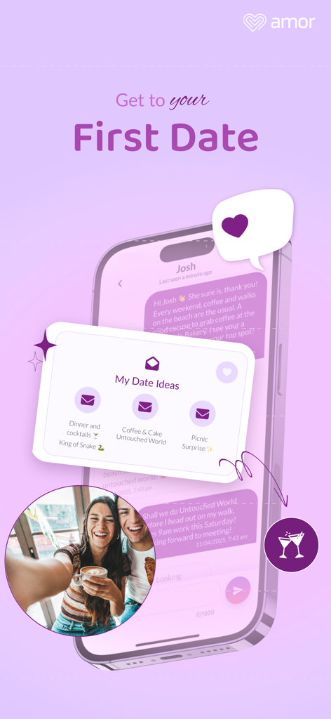 Amor Dating & Matchmaking - Amor dating app screenshot showing first date planning and chat interface.