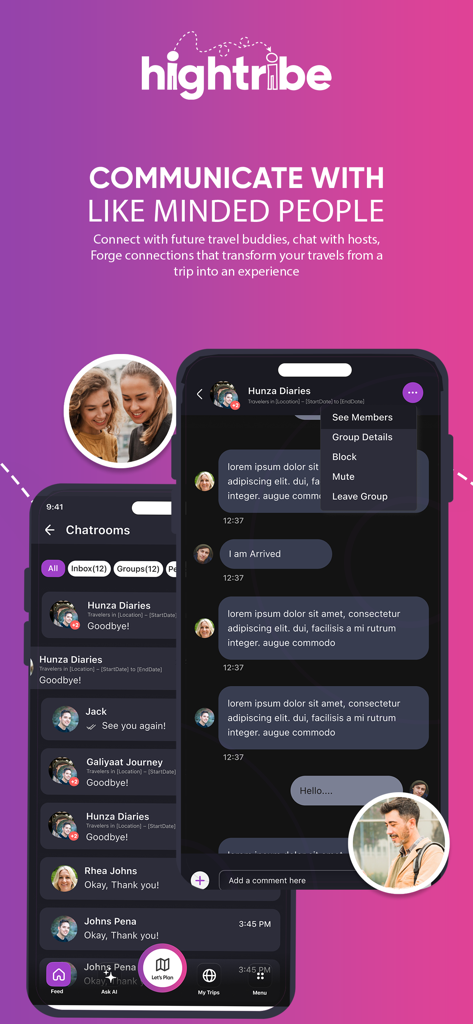 Hightribe: Social Travel App - Interfaz de la aplicación de viajes sociales Hightribe mostrando salas de chat grupales y funciones de mensajería para conectarse con otros viajeros.