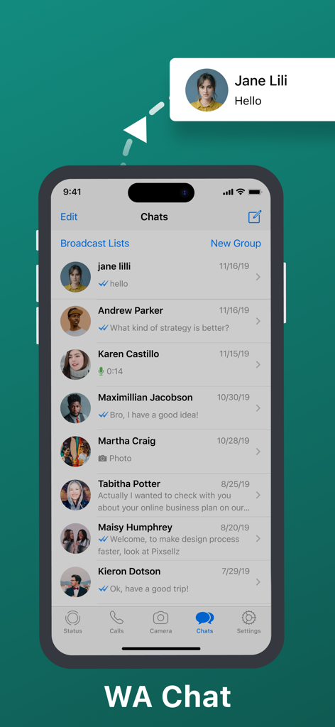 A smartphone screen displaying a list of chat messages and contacts within the WT Chat app.
