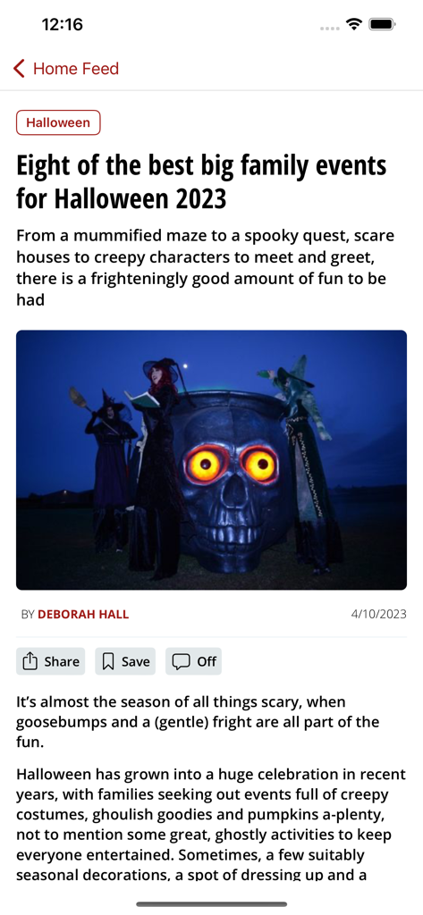 A news article on the Hull Live app featuring local family events for Halloween with a photo of witches around a giant glowing skull.