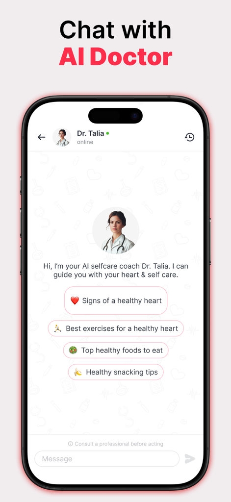 HeartIn app AI doctor chat interface showing heart health tips