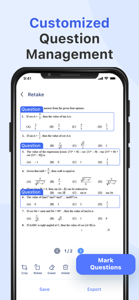 A smartphone screen displaying the GradeUp app interface for selecting and managing specific math questions from a scanned test paper.