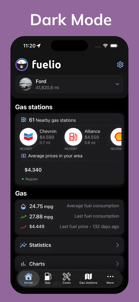 Fuelio - Gas Log & Mileage - Fuelio app dashboard in dark mode showing gas prices and fuel consumption statistics