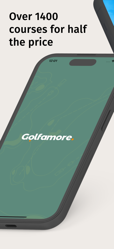 Una pantalla de smartphone que muestra el logo de Golfamore y el texto promocional Más de 1400 campos por la mitad de precio.