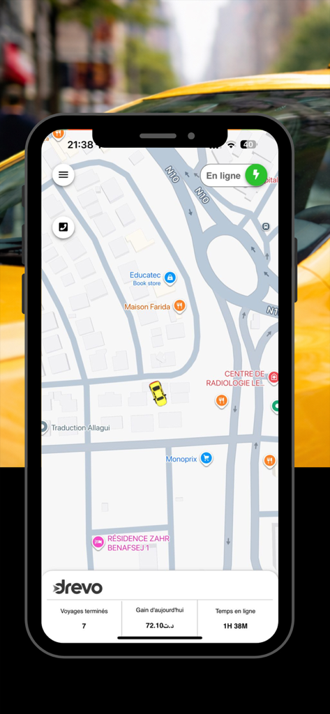 Drevo Driver - Drevo Driver app interface showing a real-time navigation map and a driver dashboard with daily earnings and trip statistics.