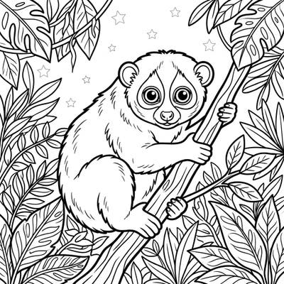 Embark on a delightful coloring journey with this charming loris, nestled within its vibrant tropical habitat. This intricate line art invites you to explore the beauty of nature and bring this nocturnal primate to life with your favorite hues.