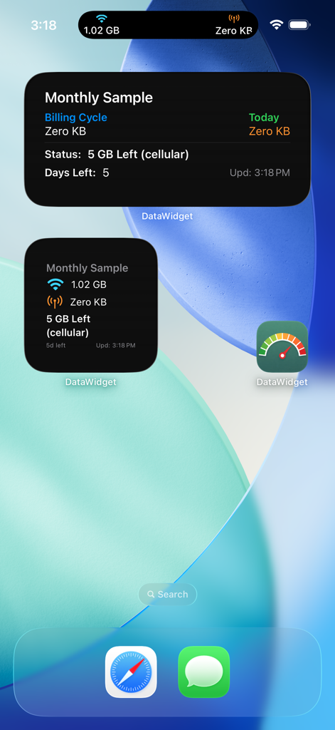DataWidget App Widgets auf einem iPhone Home-Bildschirm, die die Echtzeit-Verfolgung der Mobilfunk- und WLAN-Datennutzung anzeigen