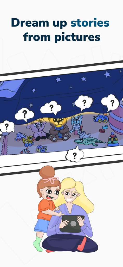 A mother and child using a tablet to create stories from pictures in the Hearty app