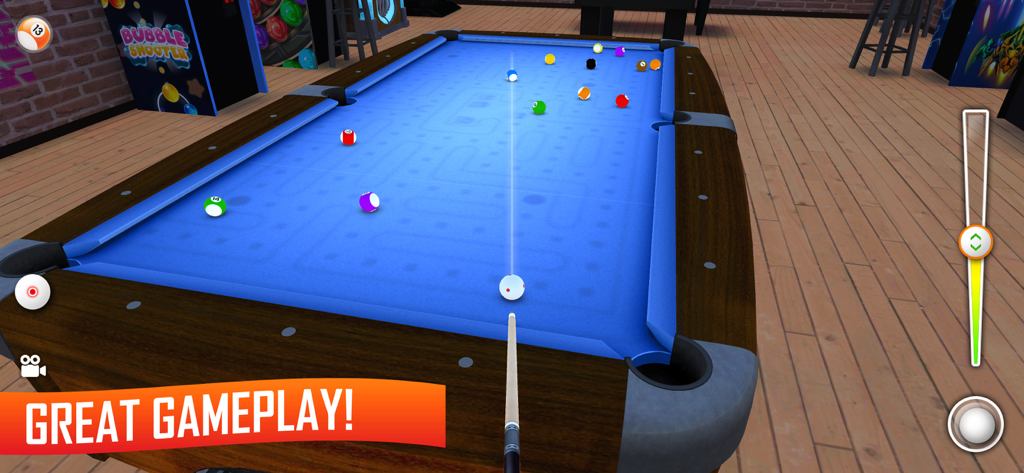 8 Ball Pool & Snooker Billiard - Realistic 3D pool table gameplay with customized blue cloth and cue stick aiming at balls