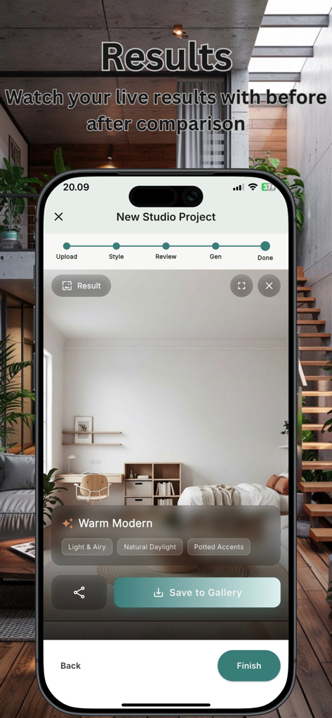 AI Apartment & Studio Planner - AI generated interior design results for a studio apartment in warm modern style