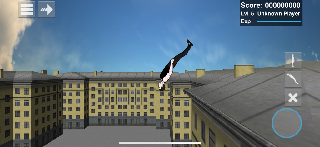 Backflip Madness - A character performing a backflip between two city buildings in the Backflip Madness game.