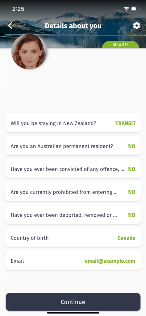 NZeTA - Captura de pantalla de la aplicación móvil NZeTA que muestra el cuestionario de detalles personales para una solicitud de autorización de viaje a Nueva Zelanda.