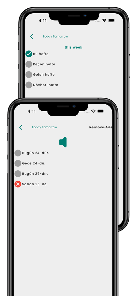 Learn Azerbaijani - Interfaz de la aplicación móvil que muestra cuestionarios de vocabulario azerbaiyano sobre hora y fechas.