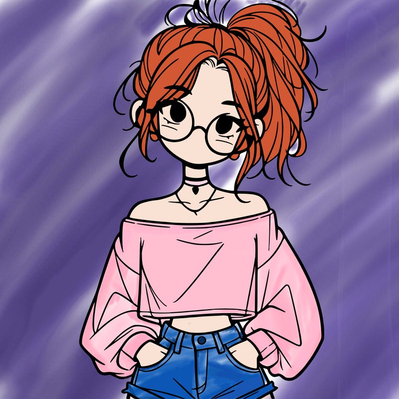 girl with a messy ponytail glasses a baggy crop top and jean shorts