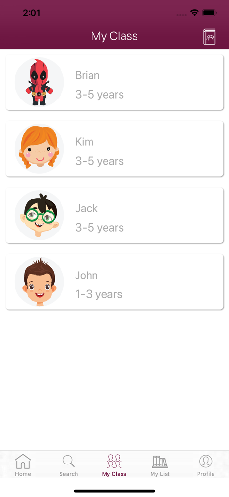 Smart Kidz Smart Classroom app interface showing a list of students with their names age groups and avatars