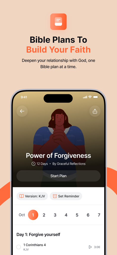 DevotionHub: Daily Devotionals - A mobile screen showing a Bible study plan titled Power of Forgiveness with a daily progress tracker and scriptural references.