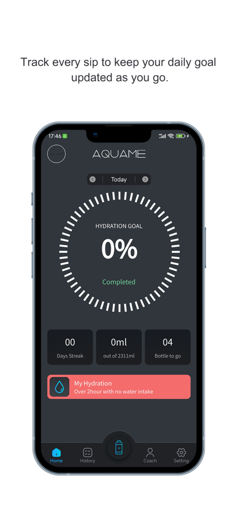 AQUAME PRO - Interface do aplicativo AQUAME PRO mostrando metas de hidratação diária e painel de rastreamento de ingestão de água