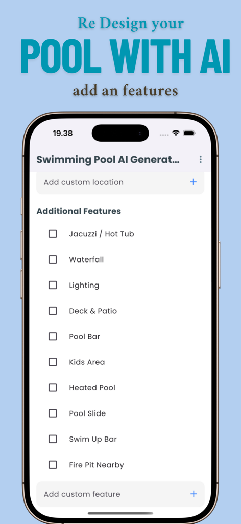 Mobile app interface showing a list of additional pool features like jacuzzi waterfall and lighting for AI design