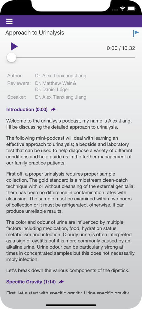 Family Medicine Study Guide - Family Medicine Study Guide mini-podcast interface for urinalysis education