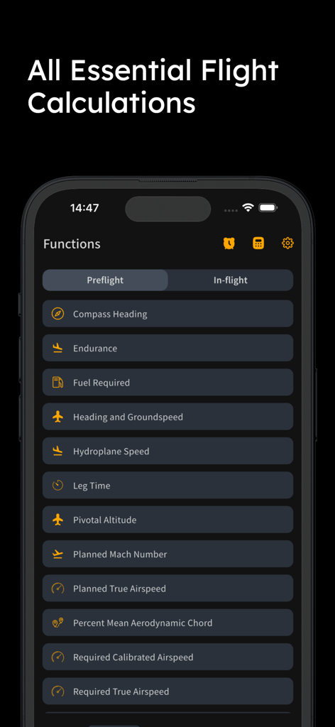 E6B+ E6B Flight Calculator - A list of essential preflight aviation functions on the E6B flight calculator mobile app interface