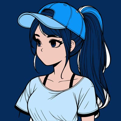 realistic looking girl with her hair in a really long ponytail and a base ball cap, t-shirt