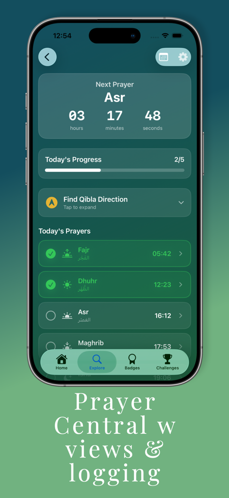 Niyyah Journey - Niyyah Journey app prayer central dashboard showing next prayer countdown and daily completion progress