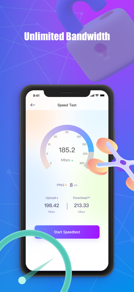 Interface de l'application VPN Super affichant les résultats du test de vitesse avec 185 Mbps et un ping de 8 ms.