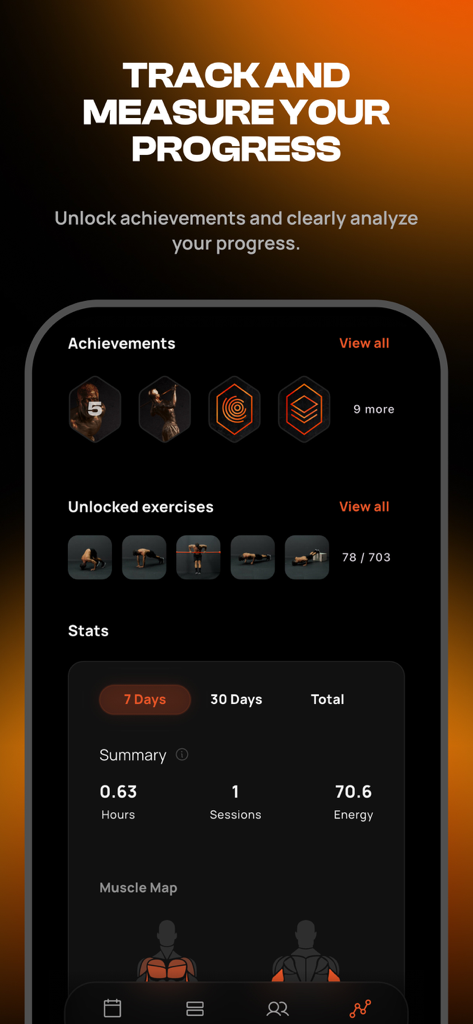 Calisteniapp dashboard showing fitness achievements unlocked exercises and detailed workout statistics including a muscle map