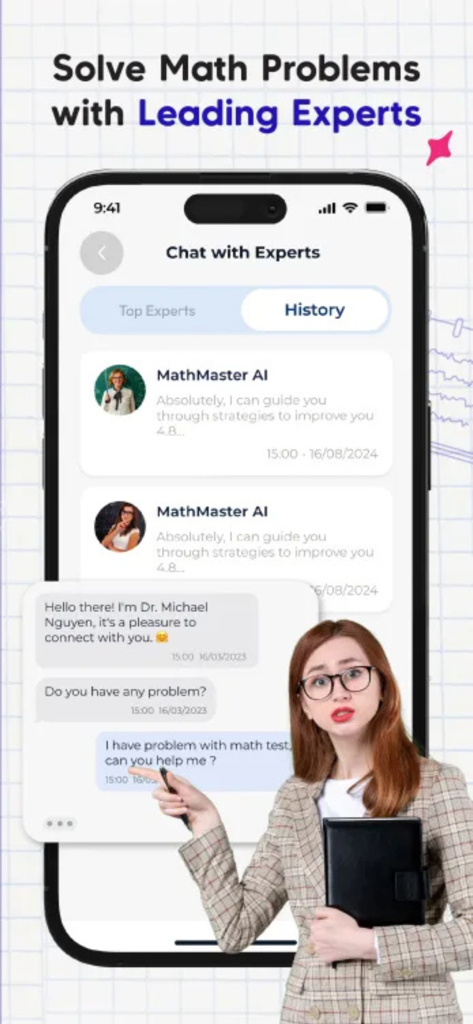 Libbot: AI Homework Helper - Interfaz de la aplicación Libbot que muestra la función de chat con expertos de IA para resolver problemas de matemáticas