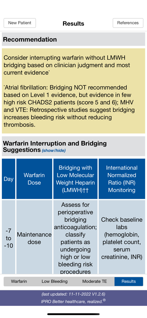 MAPPP - Clinical recommendation results for warfarin interruption and bridging in the MAPPP app.