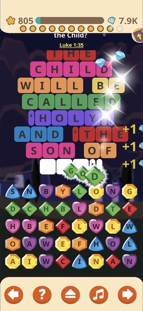 A colorful interactive word puzzle game for children in the SunScool app featuring a verse from Luke 1:35.