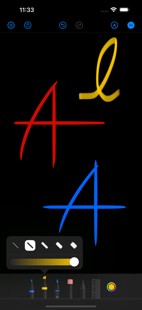 Interfaz de la app de pizarra digital en modo oscuro con caracteres manuscritos coloridos y herramientas de dibujo.