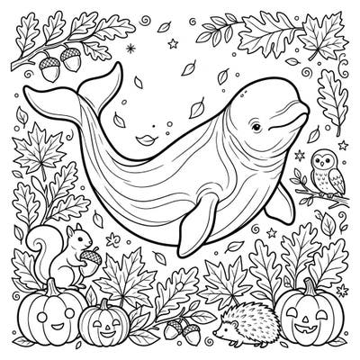 Discover a delightful blend of marine wonder and autumn charm with our Beluga Whale Fall coloring page. This enchanting scene invites you to add vibrant colors to a playful beluga surrounded by classic seasonal elements.