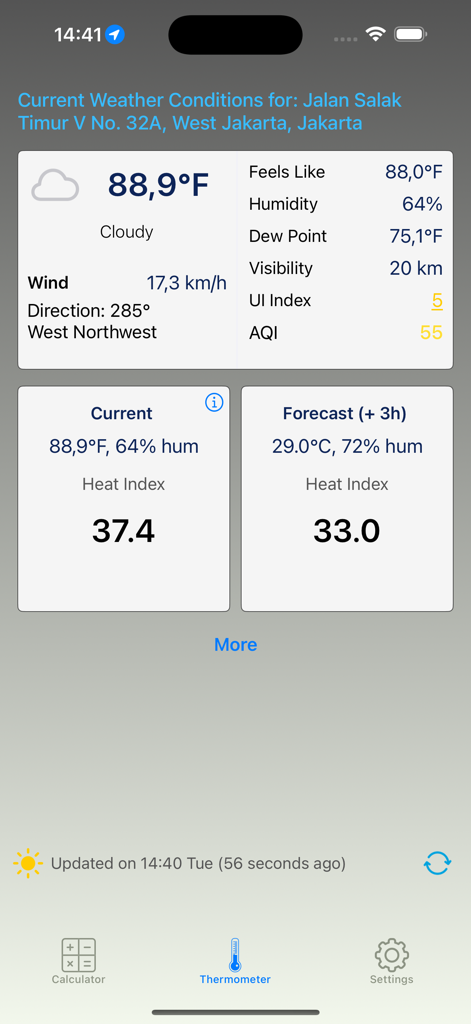 Heat Index Calculator Pro - Heat Index Calculator Pro app dashboard displaying current temperature, humidity, and heat index forecasts.