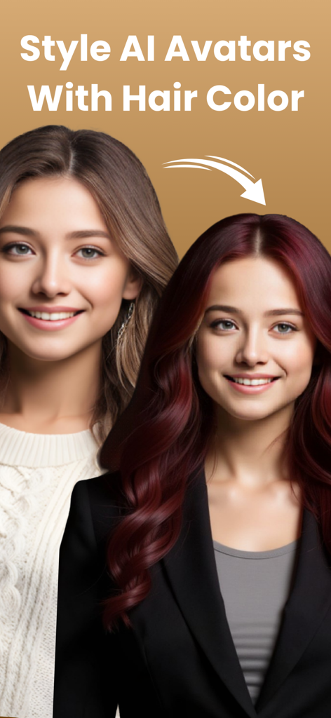 Before and after comparison of a woman changing her hair color to burgundy using AI avatar styling